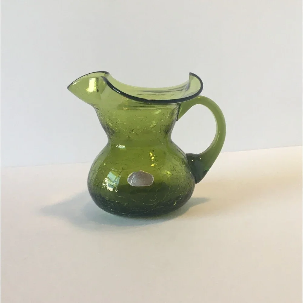Vintage Rainbow Crackle Glass Pitcher Green Mid Century Art Glass Mini Pitcher